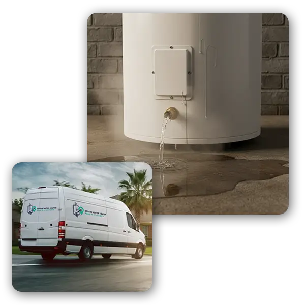 Leaking water heater and repair van in Pearland, Texas
